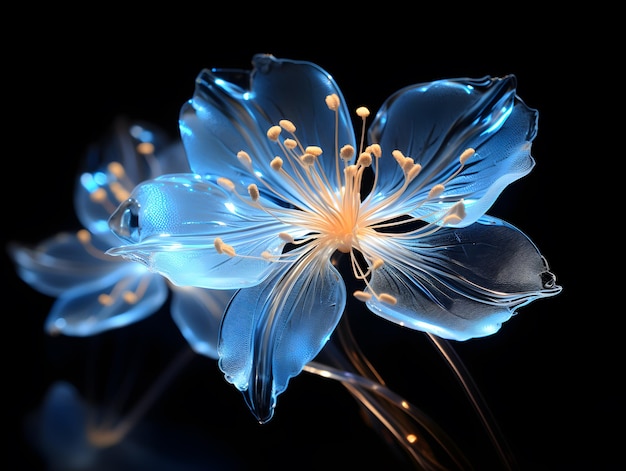3D illustration of blue jasmine flower on black background with light neon effects