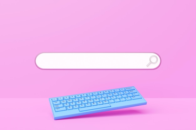 3D illustration of a blue keyboard with a search frame a box an internet panel with a magnifying glass icon and an audio search The concept of a modern audio search on the Internet