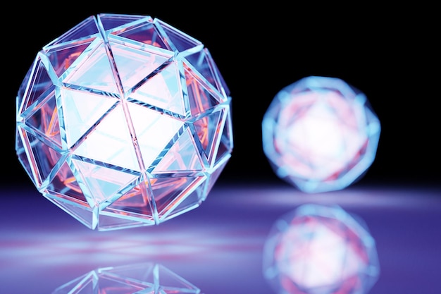 3D illustration of a blue lighting ball with many faces crystals scatter on a background Cyber ball sphere