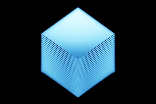 3d illustration blue lighting cube flying on black isolated background