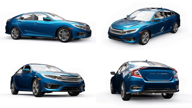 3d illustration. Blue mid-size urban family sedan on a white uniform background. 3d rendering.