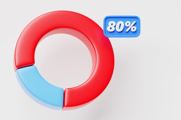 3D illustration of a blue pie chart with a red section of 80 percent Infographic elements