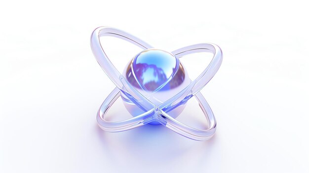 Foto illustrazione 3d di un atomo blu e viola l'atomo ha un nucleo e tre anelli di elettroni