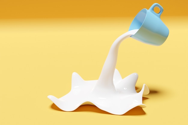 3d illustration of a blue  tea cup pouring milk and splashing in different directions on a yellow background