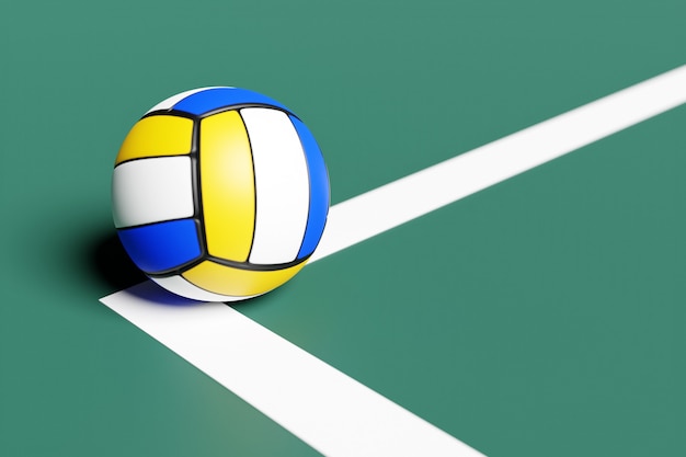 Premium Photo | 3d illustration of a blue and yellow volleyball ball on the  corner of the playing area against a background of glazed grass