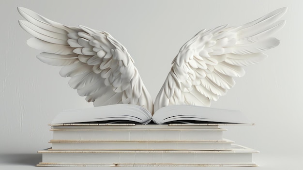 Photo 3d illustration of a book with angel wings the book is open and resting on a stack of closed books