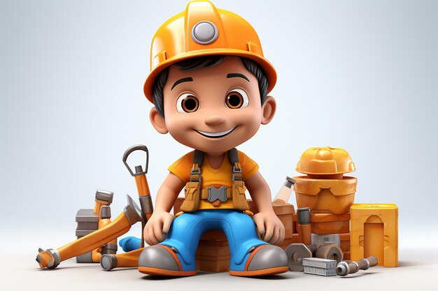 3d illustration of a boy construction worker sitting on a pile of bricks