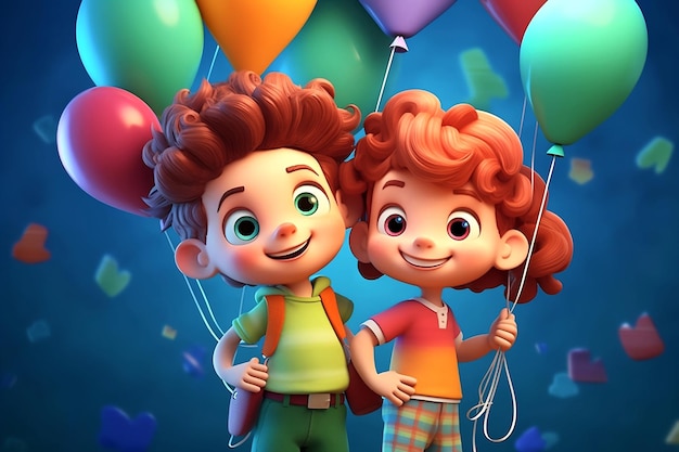 3D illustration of boy and girl with balloons A cartoon character with a bunch of balloons