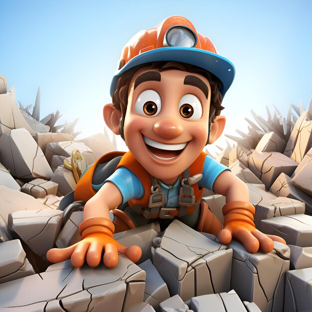 Photo 3d illustration of a boy in a hard hat and overalls sitting on a pile of rubble