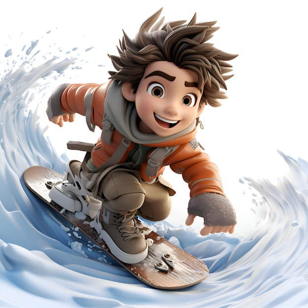 3D illustration of a boy riding a snowboard in the water