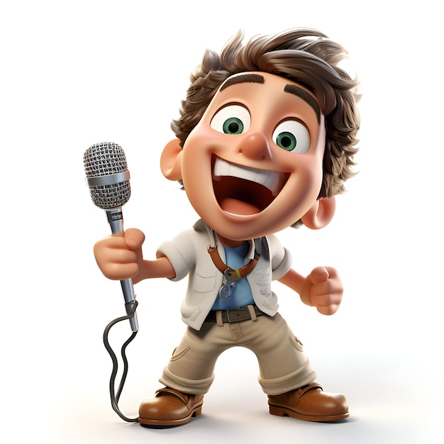 Photo 3d illustration of a boy singing with microphone isolated white background