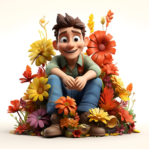 3D illustration of a boy sitting in a flower field with flowers