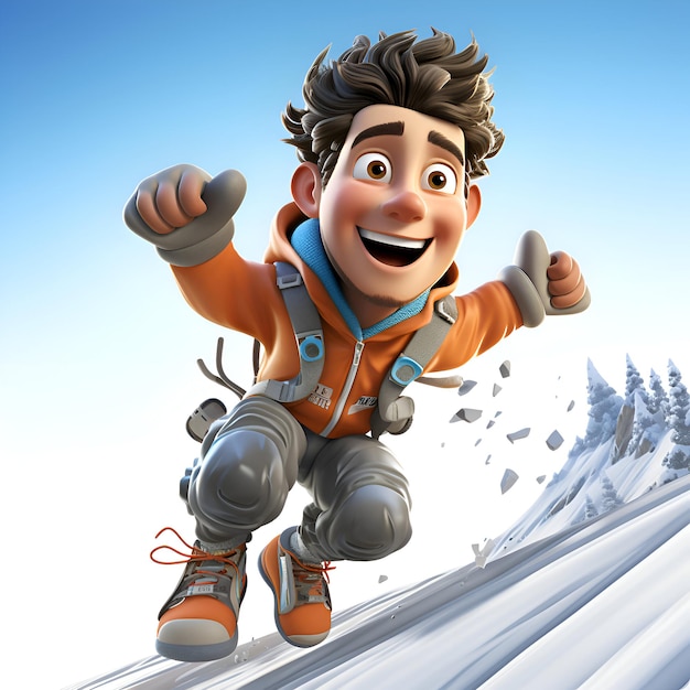 3D illustration of a boy in space suit jumping over a snowy mountain