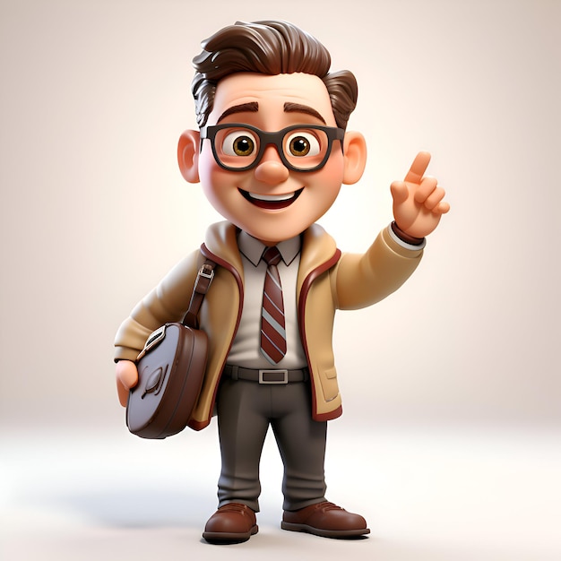 3D illustration of a boy with briefcase and glasses pointing up