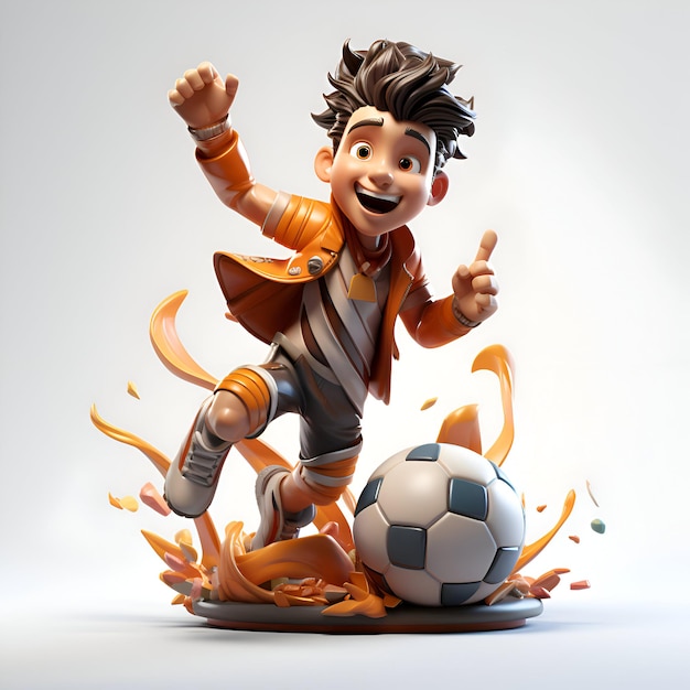 3D иллюстрация мальчика с футбольным мячом и огнем в руке