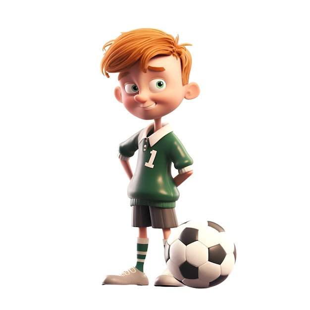 白い背景に分離されたサッカー ボールを持つ少年の 3 d イラストレーション