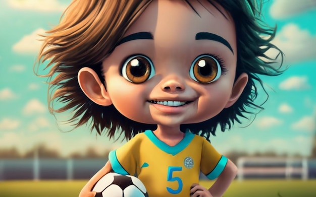 青いショート パンツと黄色の T シャツとサッカー ボールを着たブラジル人の少年の 3 D イラストレーション