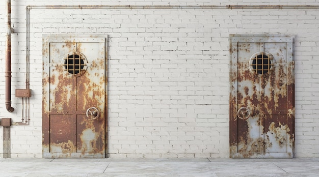 3d illustration. Brick wall of a street facade prison. Entrance to the room. Dirty old gateway. Background banner wallpaper