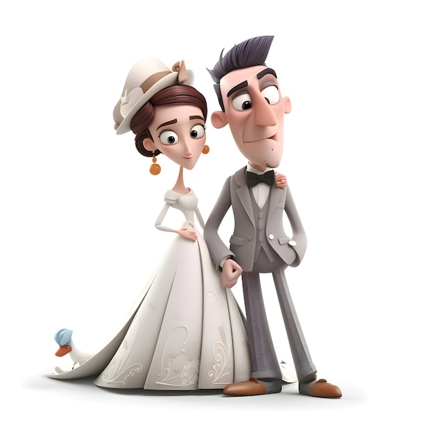Foto illustrazione 3d di una sposa e uno sposo su uno sfondo bianco