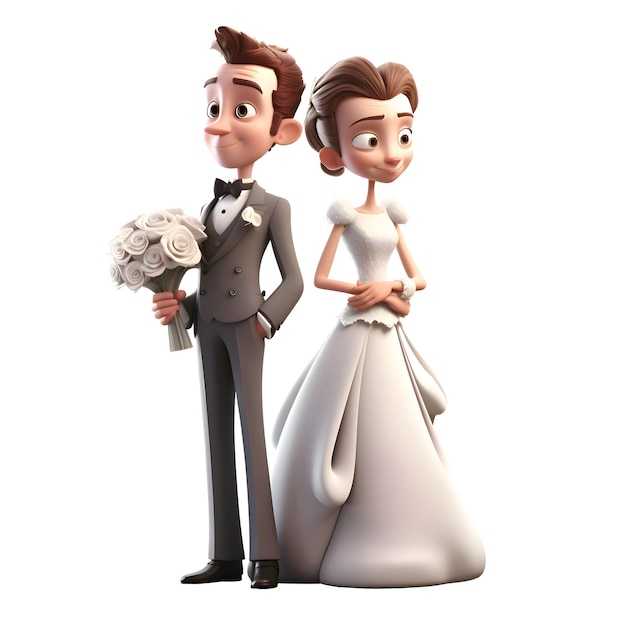 3D illustration of a bride and groom on a white background
