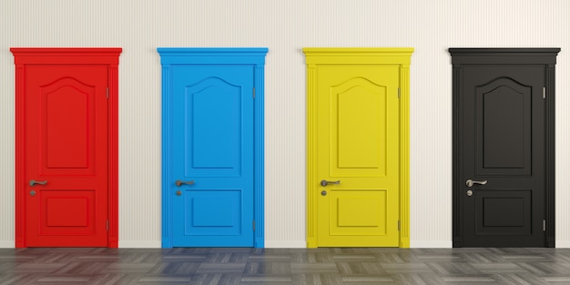 3D illustration. Bright colored painted classic doors in the hallway or corridor. 