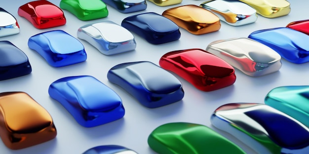 3d illustration of bright colored toy cars on bluish white surface in gloomy background wit