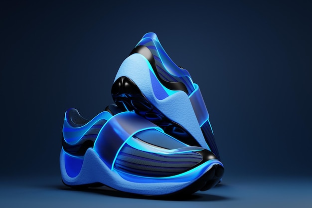 파란색 톤의 패스너가 있는 3d 그림 밝은 거대한 운동화는 모노크롬 배경에 묘사되어 있습니다. 새로운 스포츠 운동화 한 켤레
