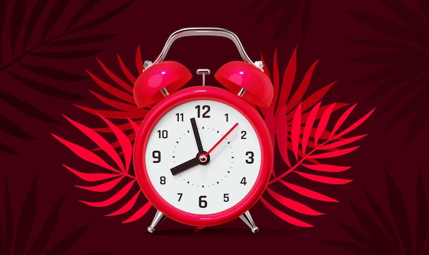 Photo 3d illustration of bright retro alarm clock with red palm leaf