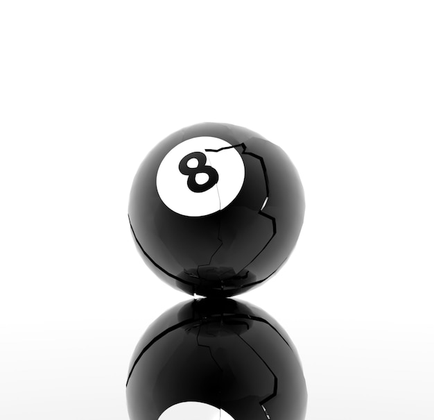 Photo 3d illustration of broken 8 ball on reflective surface and white background