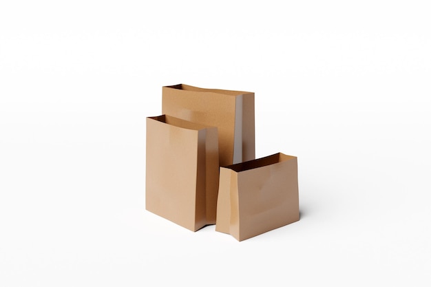 3d illustration brown eco shopping bags made of recycled paper of different sizes on white isolated background. Craft packages