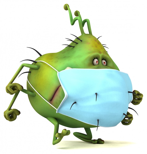 3D Illustration of a bug monster with a mask for coronavirus prevention