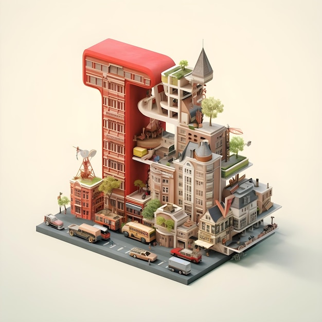 3d illustration of building letter I on the background of the city