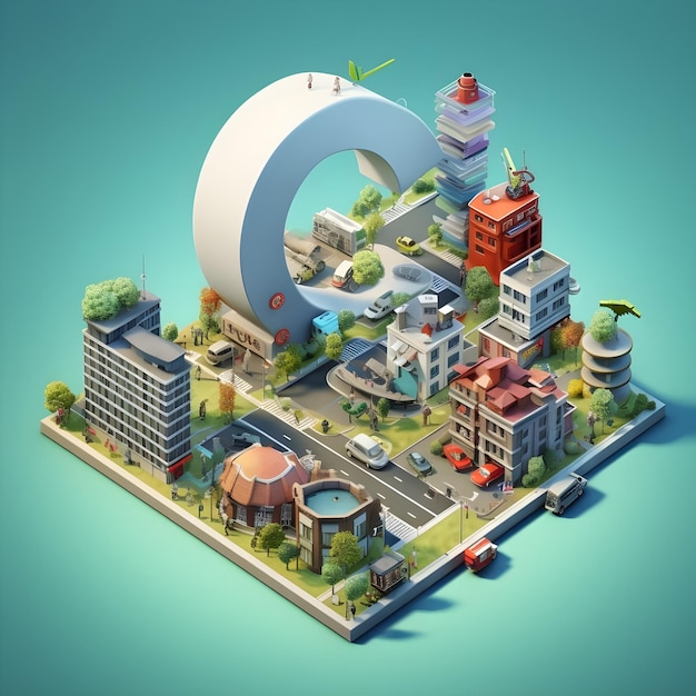 3d illustration of building letter Q on the background of the city