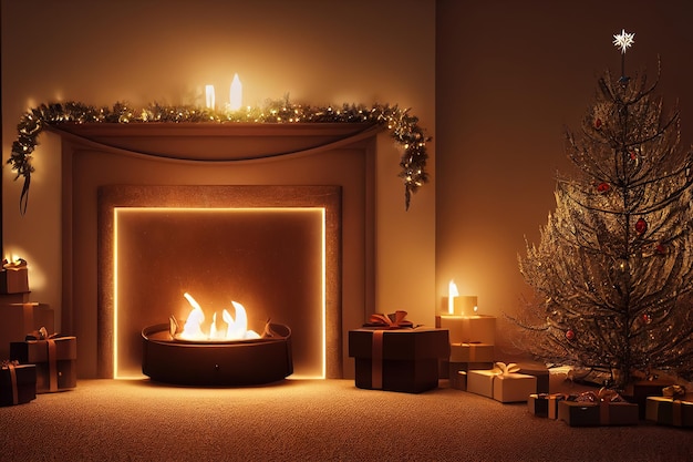 3d illustration of burning fireplace with christmas tree