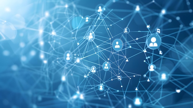 Photo 3d illustration of business and social networks interconnected icons on professional blue background