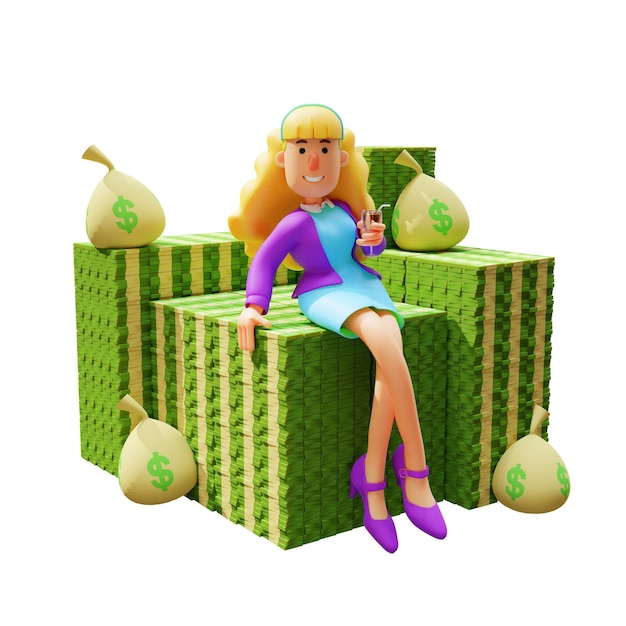 3D illustration Business Woman 3D Cartoon design Sitting on a Lot of Money holding glass of wine