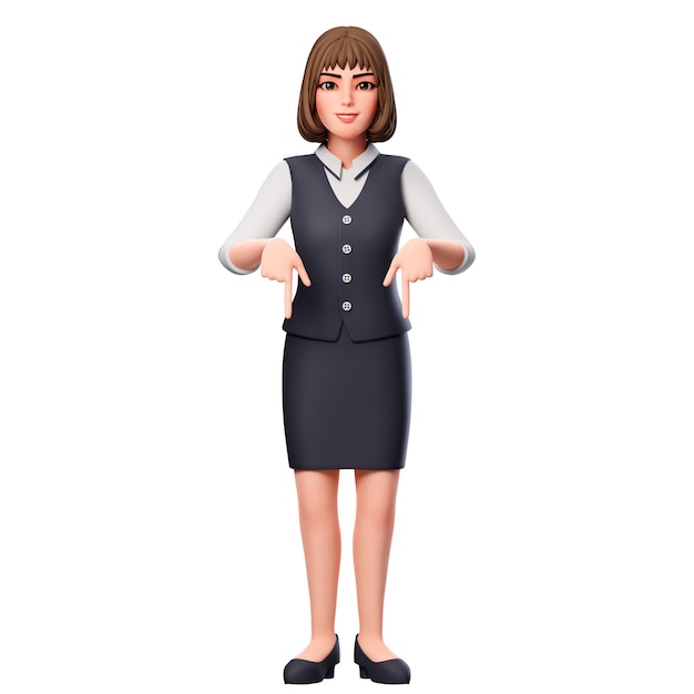 3D Illustration of Business woman pointing Downwards using Both hands