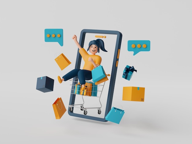 3d illustration of a businessman character shopping online via application on smartphone with shopping item