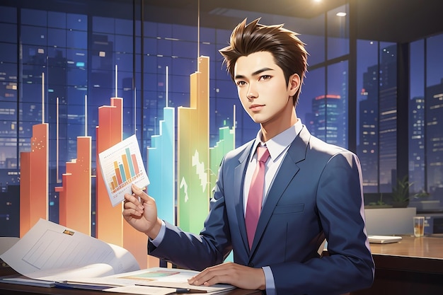 3d illustration of a businessman or employee presenting the company's profit on a bar chart aime version