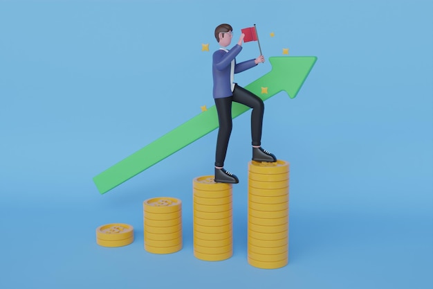 3D Illustration of Businessman with gold coins and graph arrow