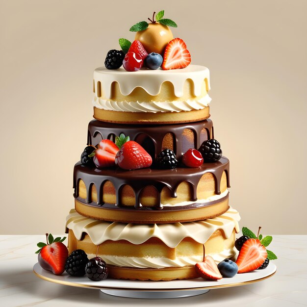 Photo 3d illustration of a cake with berries and chocolate on a beige background