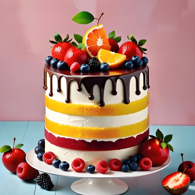 3D Illustration Of Cake With Fruits And Berries On A Blue Background