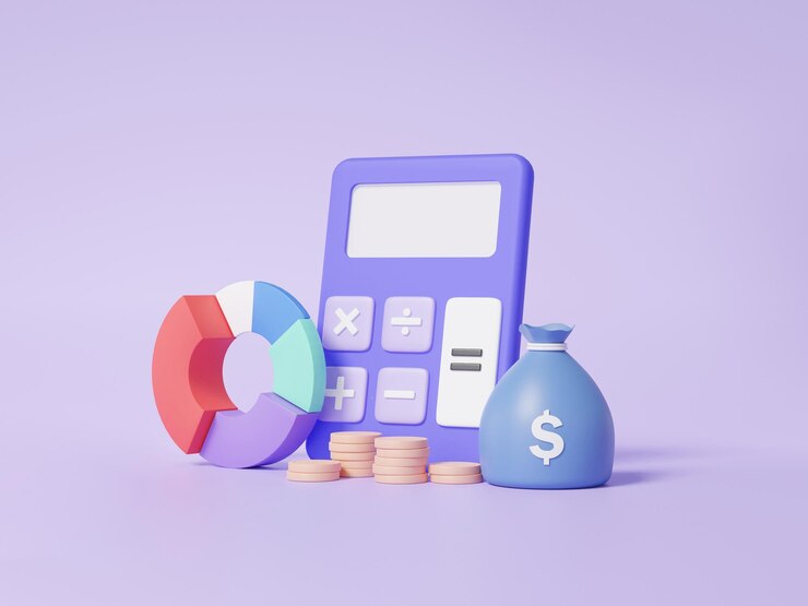 3D illustration calculator bag fund finance education concept basic math operation chart symbols calculatate math plus minus multiplication number divide cartoon minimal on purple background