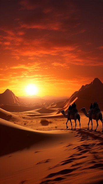 Foto illustrazione 3d carovana di cammelli tra le dune del deserto silhouette dello skyline di dubai sfondo mobile verticale