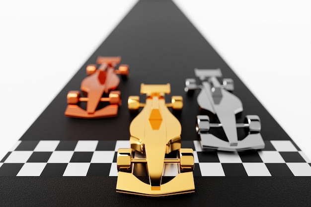 Illustrazione 3d di corse automobilistiche con auto per bambini in bronzo argento dorato combatti al traguardo di tre auto decappottabili per bambini da corsa ad alta velocità