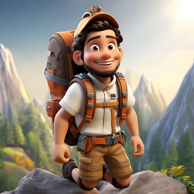 Foto illustrazione 3d di un backpacker dei cartoni animati in piedi su una vetta di montagna