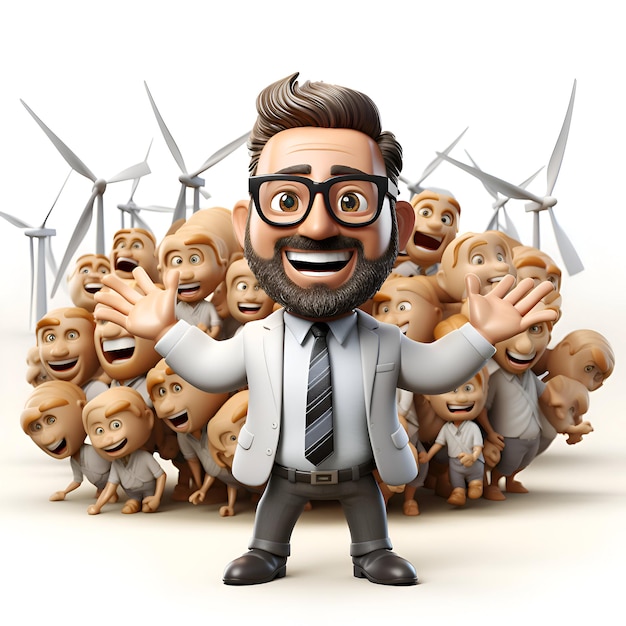 3D illustration of a cartoon businessman and group of windmills