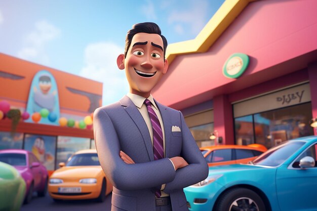 3d illustration of a cartoon businessman standing in front of a car park