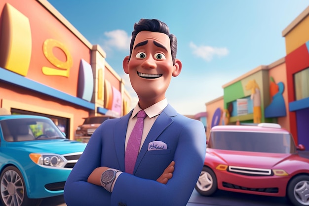 3d illustration of a cartoon businessman standing in front of a car park