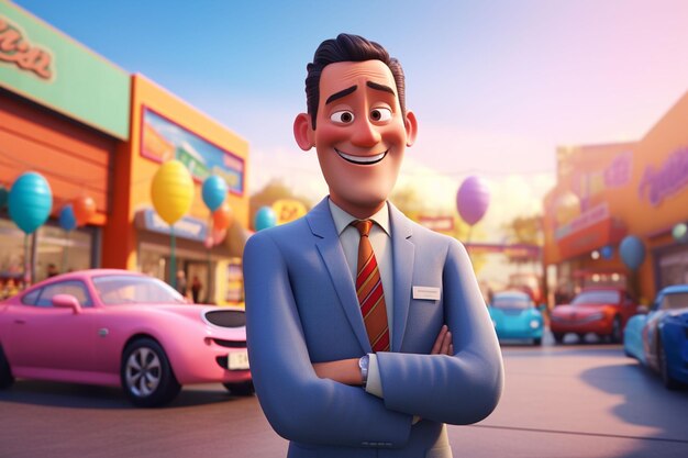 3d illustration of a cartoon businessman standing in front of a car park